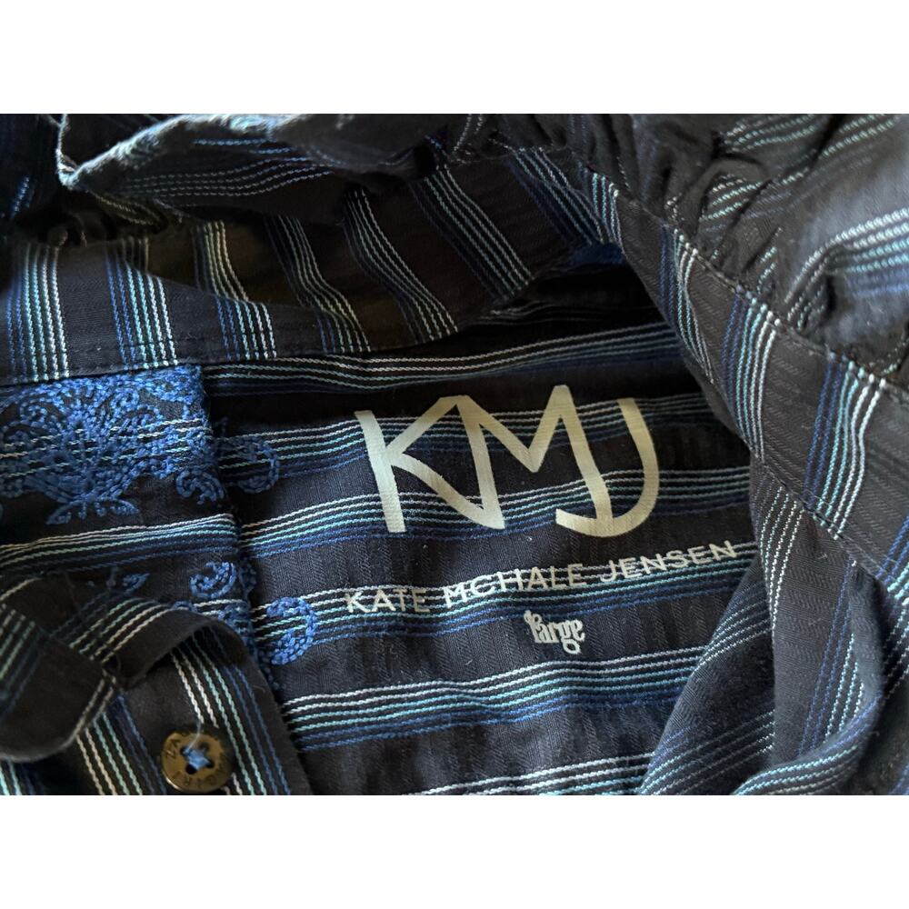 KJM Button Up Shirt Large Blue Striped Ruffle Preppy Workwear Office Business - Picture 7 of 7